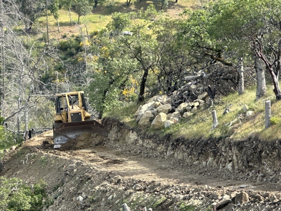 Bulldozer cutting a new access road through oak woodland in the Mayacama Mountains